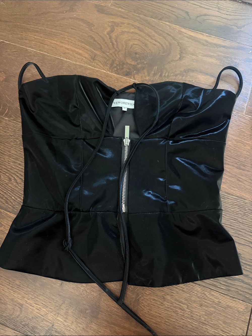 WeWoreWhat Black Satin Corset Top with Silver Zip and Lace-Up
